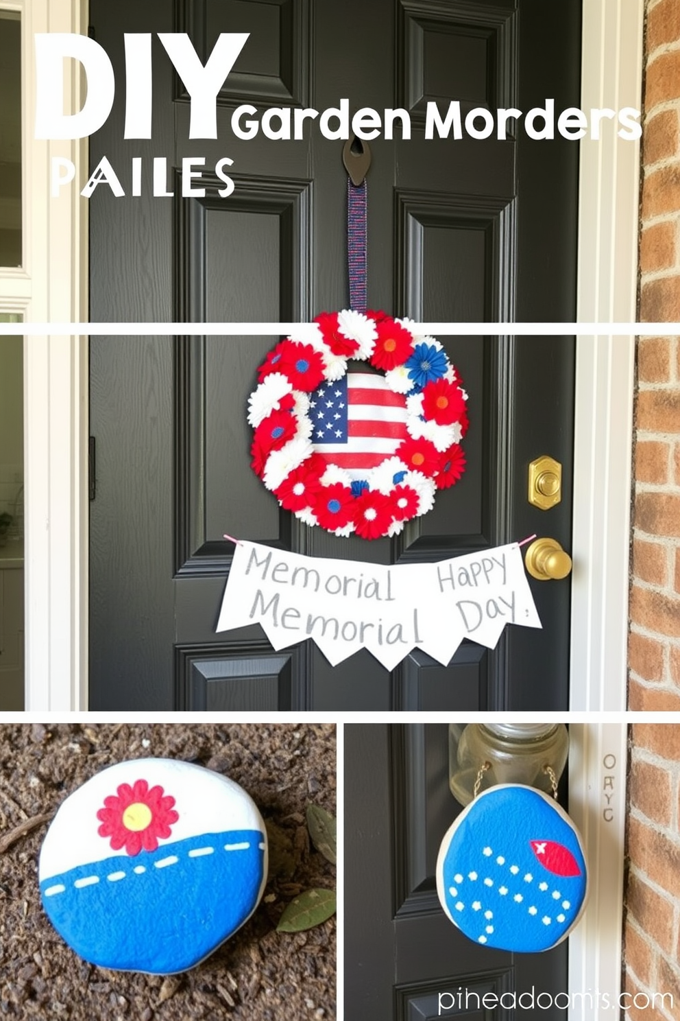 A patriotic themed door swag is adorned with lush greenery and vibrant red white and blue accents. It features a mix of seasonal flowers and foliage that create a festive atmosphere for Memorial Day celebrations.