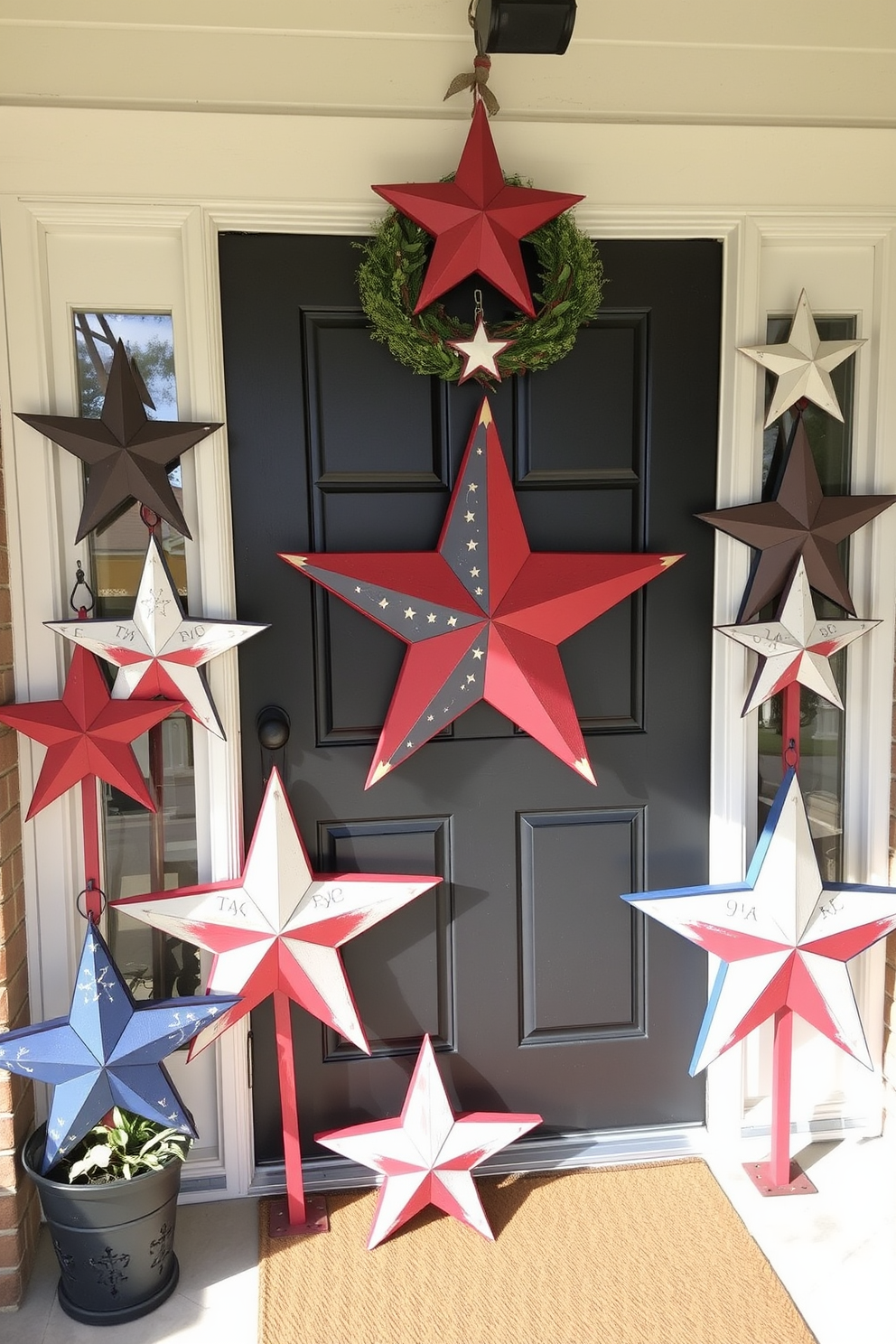 Hanging balloon bouquet in patriotic colors. The arrangement features red white and blue balloons in various sizes tied together with white ribbon. The balloons are suspended from a decorative hook above the front door. Additional elements like small flags and a welcome sign complement the festive display.