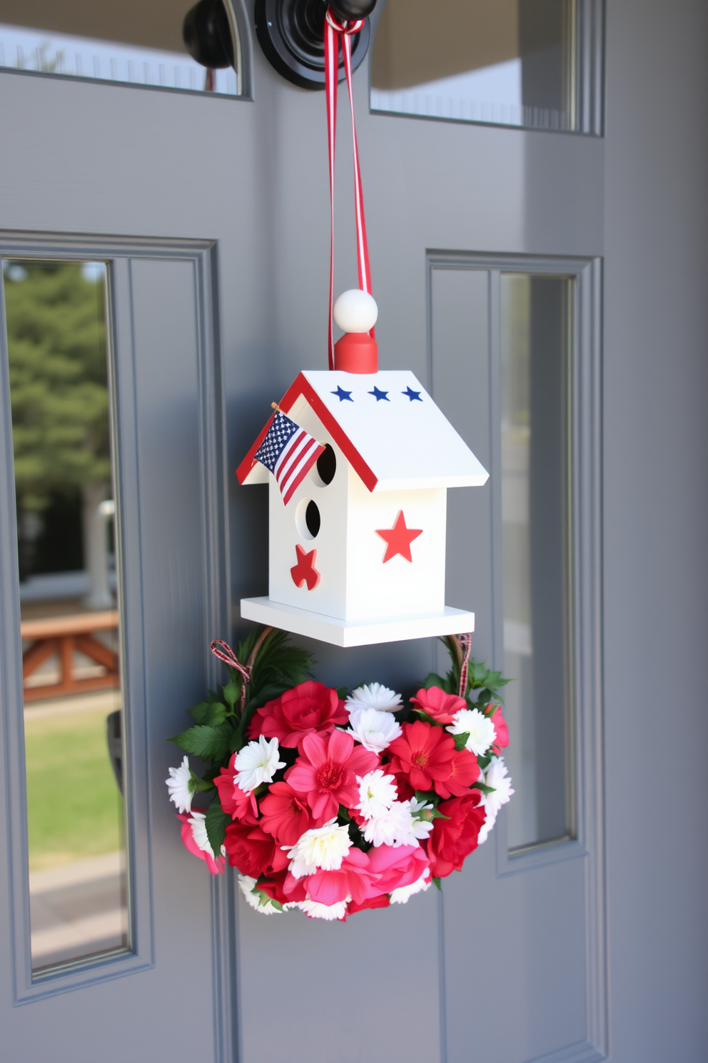 A patriotic birdhouse is hanging from the front door adorned with red white and blue accents. The birdhouse features stars and stripes and is complemented by a wreath of fresh flowers in similar colors.