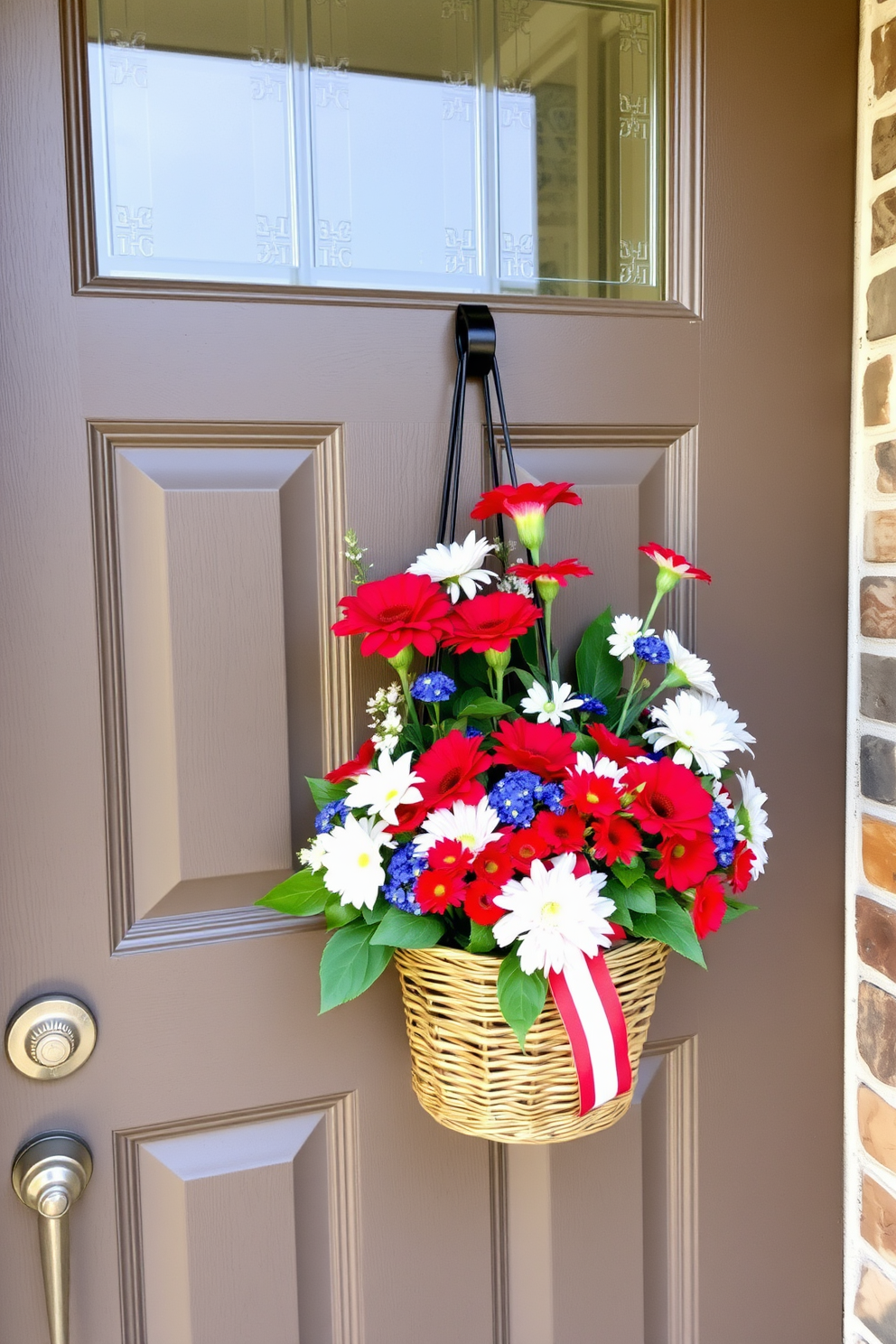 A charming front door adorned with a faux floral arrangement in a woven basket. The basket is filled with vibrant red, white, and blue flowers, creating a festive atmosphere for Memorial Day celebrations.