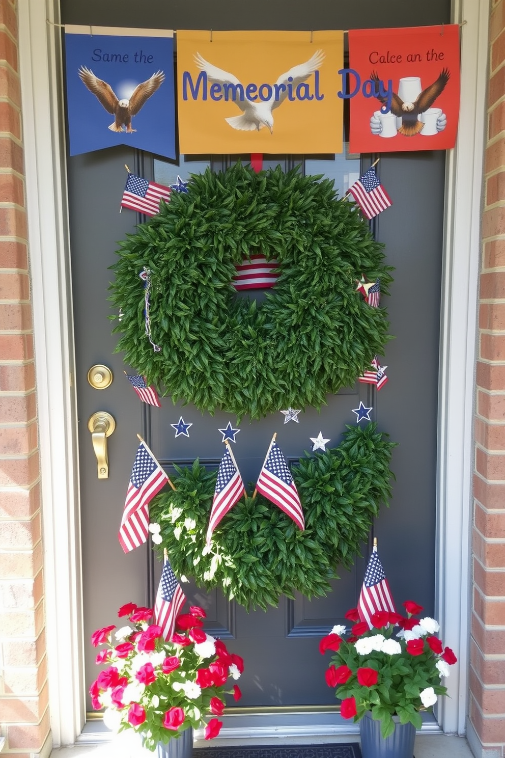 A festive front door adorned with Memorial Day themed decals featuring red white and blue stars and stripes. The door is framed by a lush green wreath with small American flags peeking through the foliage. Brightly colored banners hang above the door displaying patriotic messages and images of eagles. Potted flowers in red and white bloom at the base of the door adding a cheerful touch to the holiday decor.