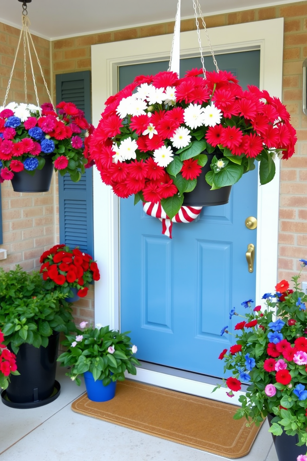 Hanging flower pots filled with vibrant blooms in red, white, and blue adorn the front porch, creating a festive atmosphere for Memorial Day. The front door is framed with a cheerful wreath made of flags, welcoming guests with patriotic spirit.