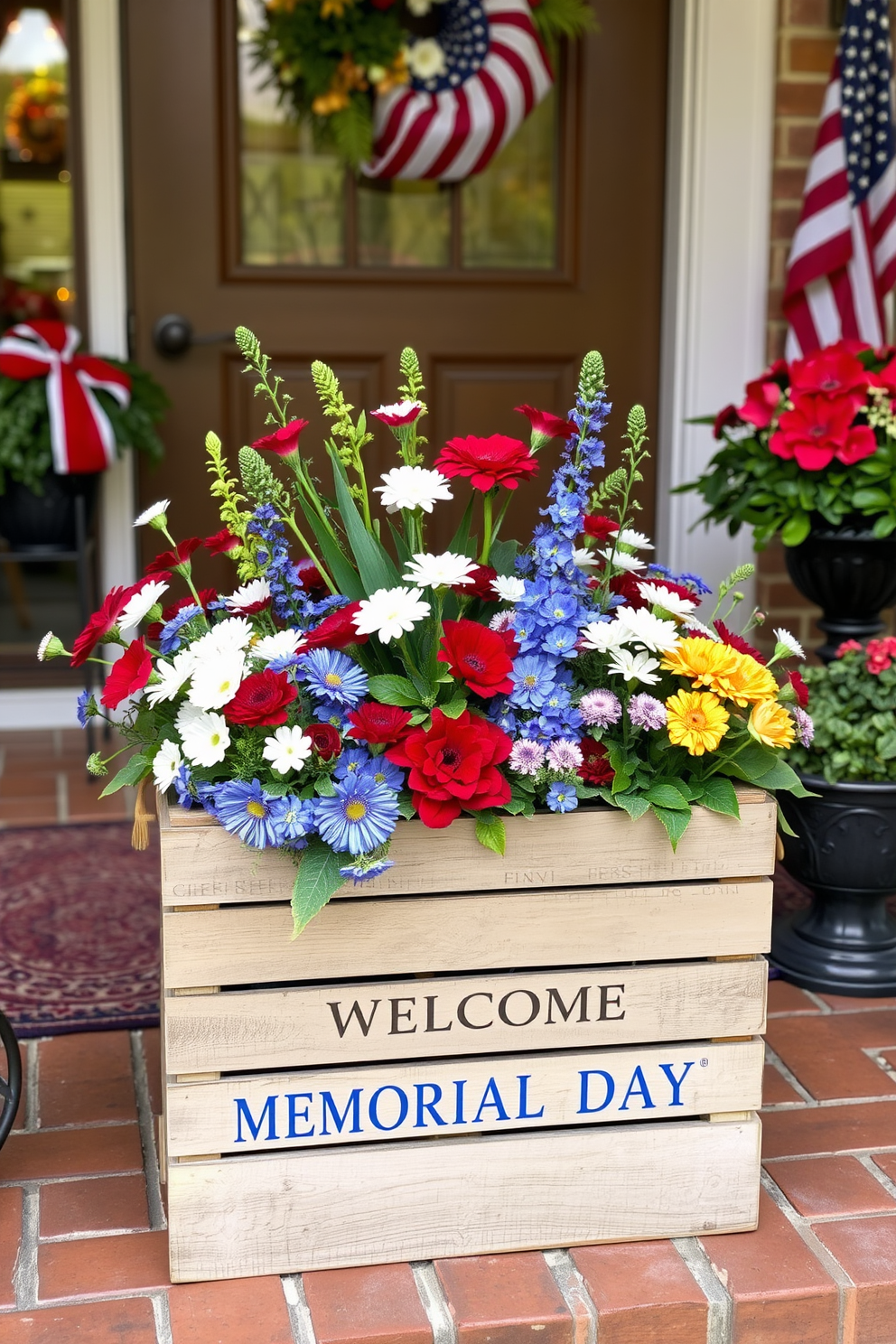 A rustic wooden crate is filled with an assortment of vibrant flowers in red, white, and blue hues. The crate is placed on a welcoming front porch, adorned with seasonal decorations to celebrate Memorial Day.