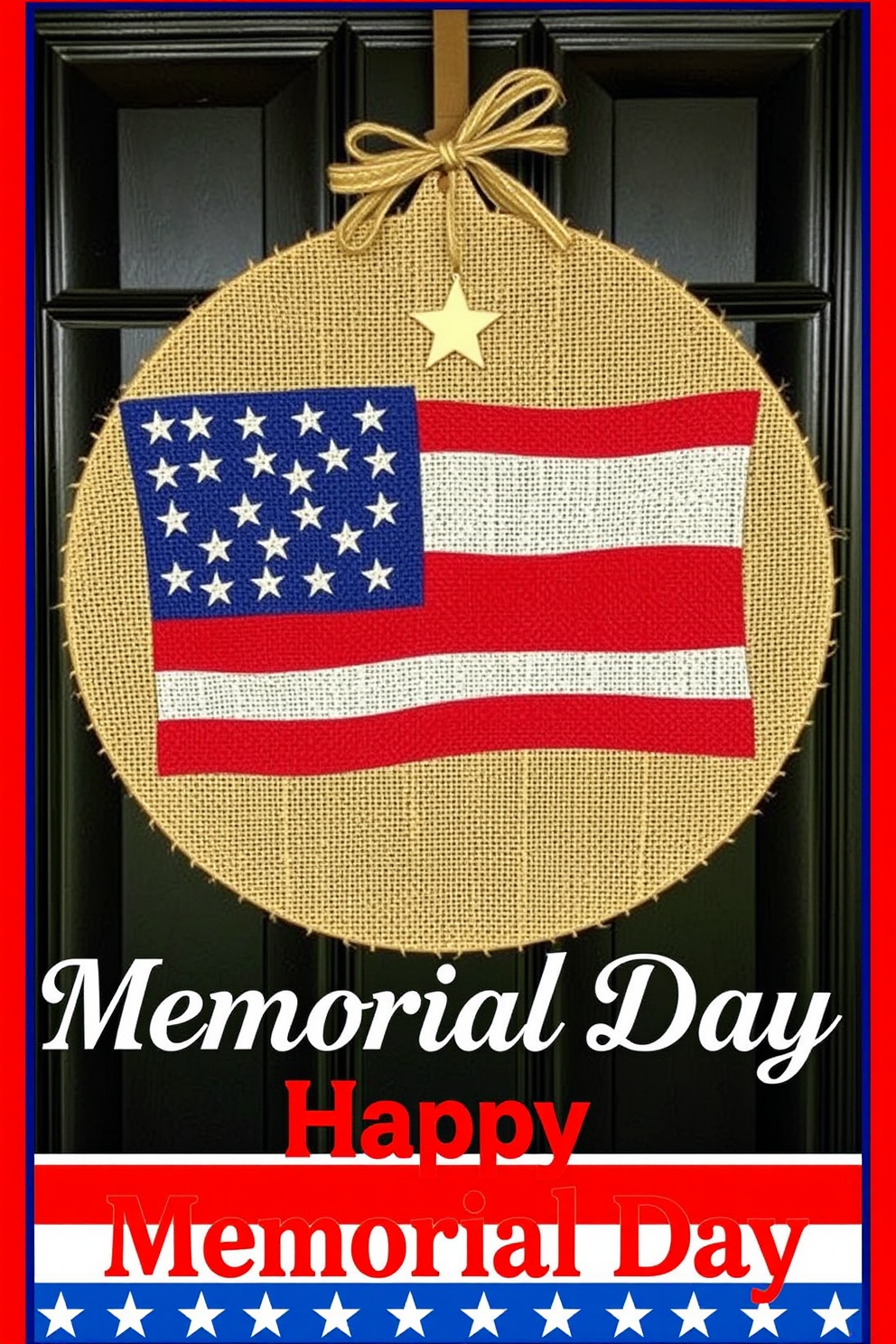 A flag-themed burlap door hanger design featuring a large American flag motif with vibrant red and blue colors. The hanger is adorned with rustic twine and a small wooden star accent, perfect for celebrating Memorial Day.