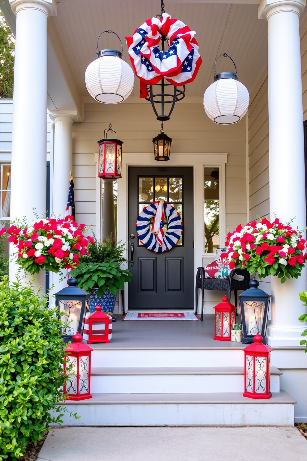 A charming front porch adorned with patriotic colored lanterns in red, white, and blue. The lanterns are hung from the ceiling and placed on the steps, creating a festive atmosphere for Memorial Day celebrations.