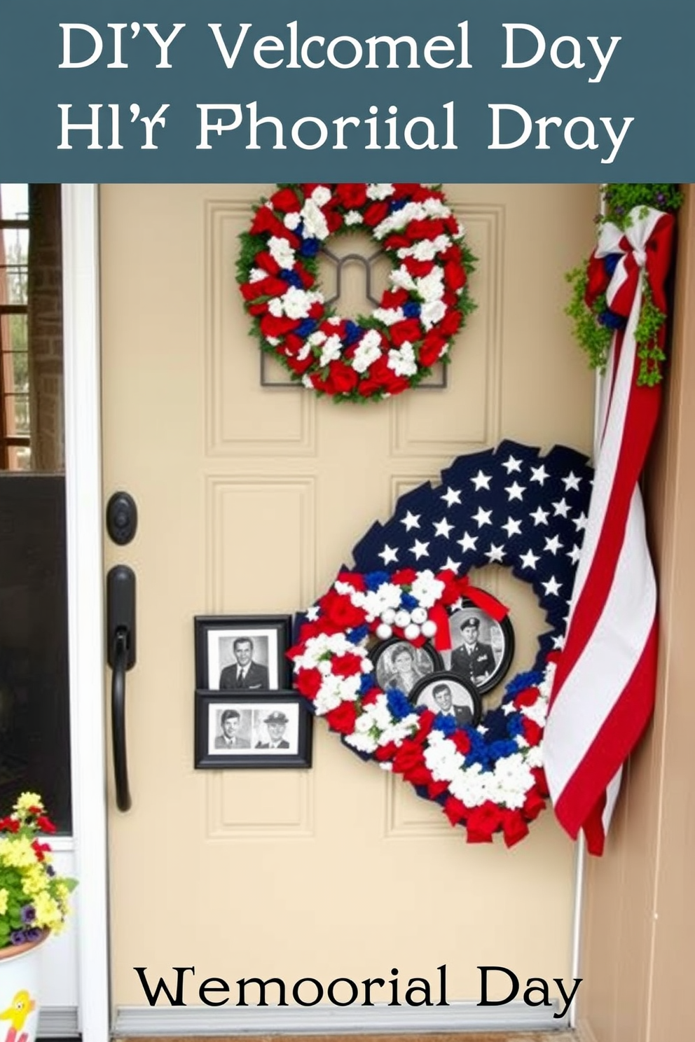 A welcoming front door adorned with a DIY photo display honoring veterans for Memorial Day. The display features framed black and white photographs of veterans, arranged in a heart shape around a patriotic wreath made of red white and blue flowers.