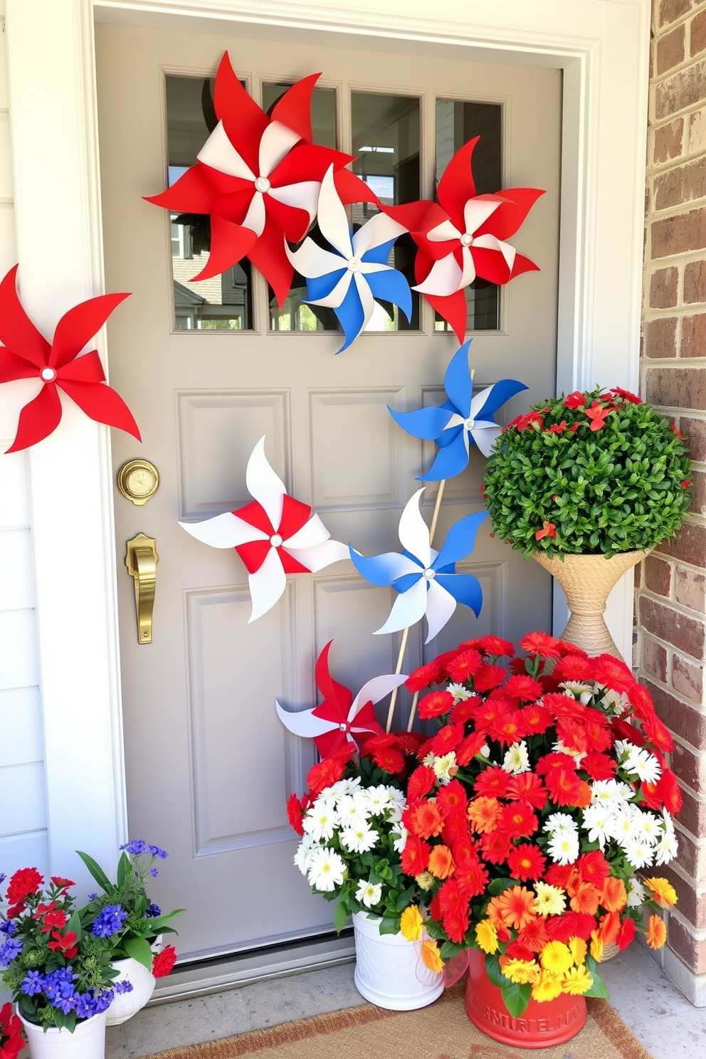 Create a festive front door display featuring red white and blue pinwheel decorations. The pinwheels should be arranged in a playful manner, complemented by seasonal flowers in similar colors for a vibrant Memorial Day theme.