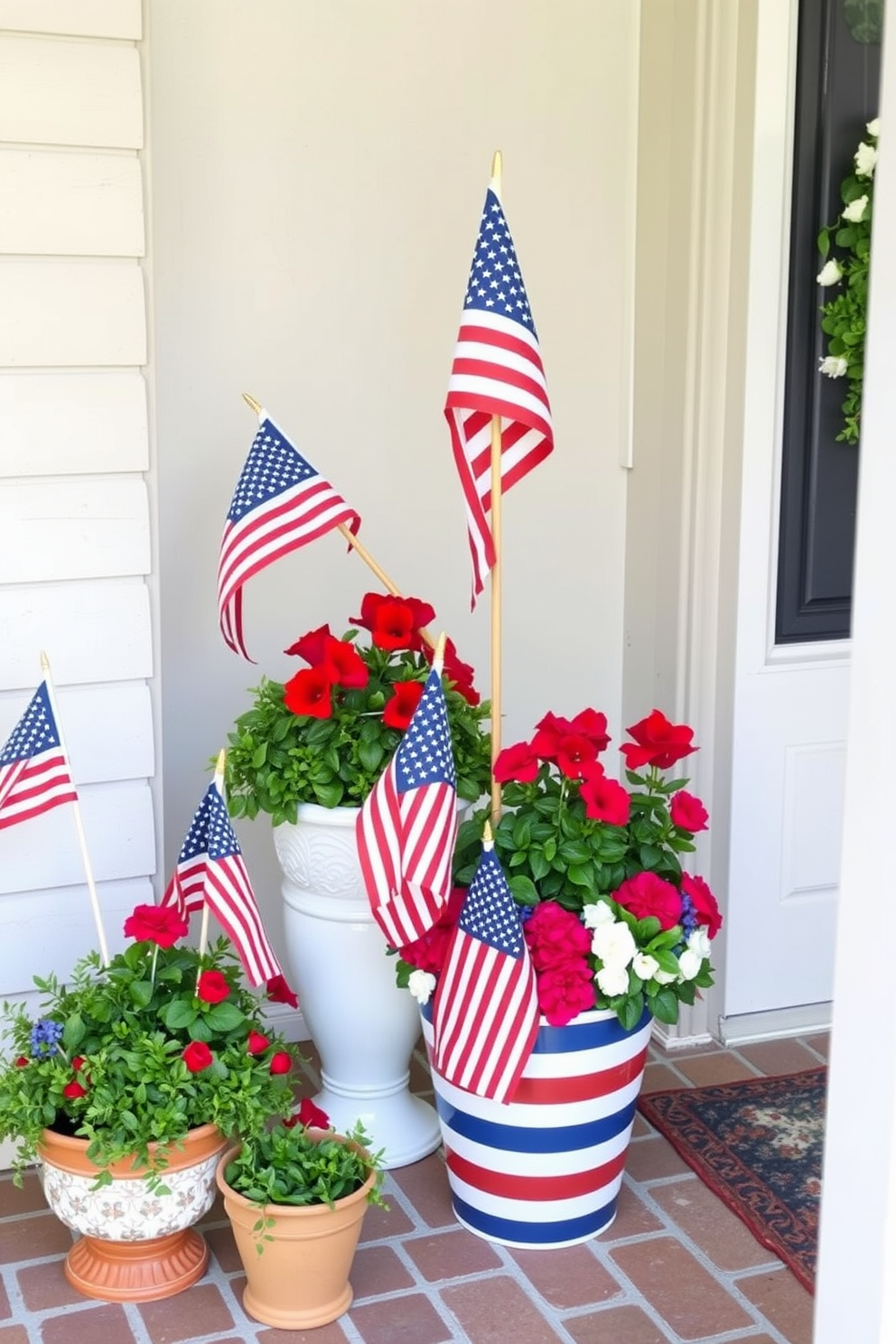 Small flags in decorative pots create a festive and patriotic atmosphere for Memorial Day. The vibrant colors of the flags contrast beautifully with the greenery of the pots, enhancing the front door's welcoming appeal. Arranging the flags in various heights adds visual interest and charm to the entryway. Incorporating red, white, and blue flowers alongside the flags can further celebrate the holiday's spirit.