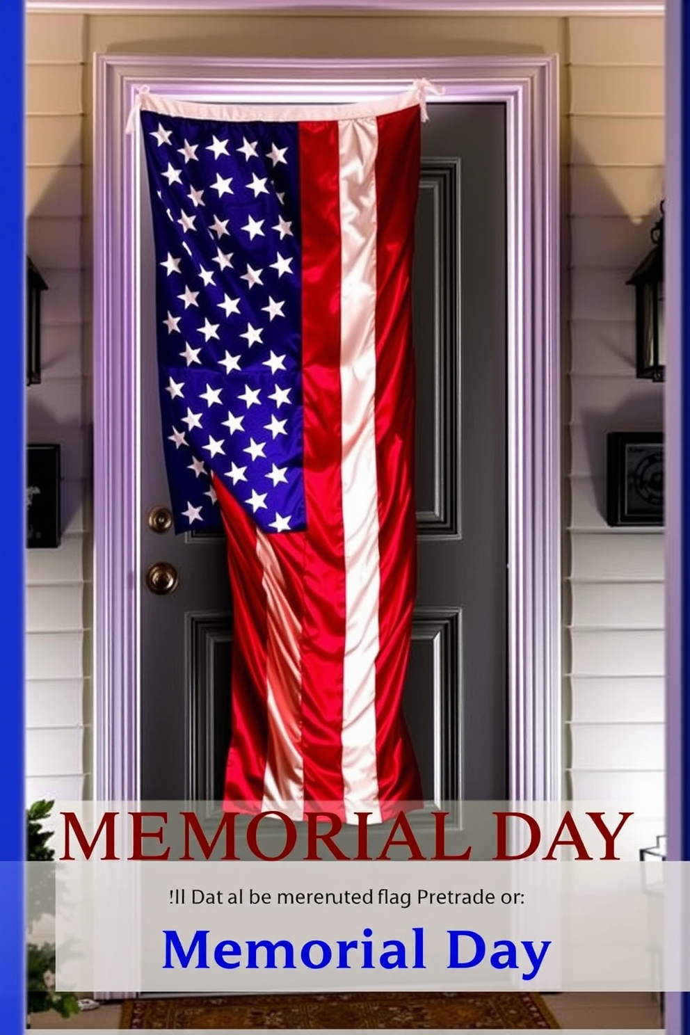 A charming front porch adorned with red white and blue painted flower pots. Each pot features vibrant blooms that celebrate Memorial Day, creating a festive and patriotic atmosphere.