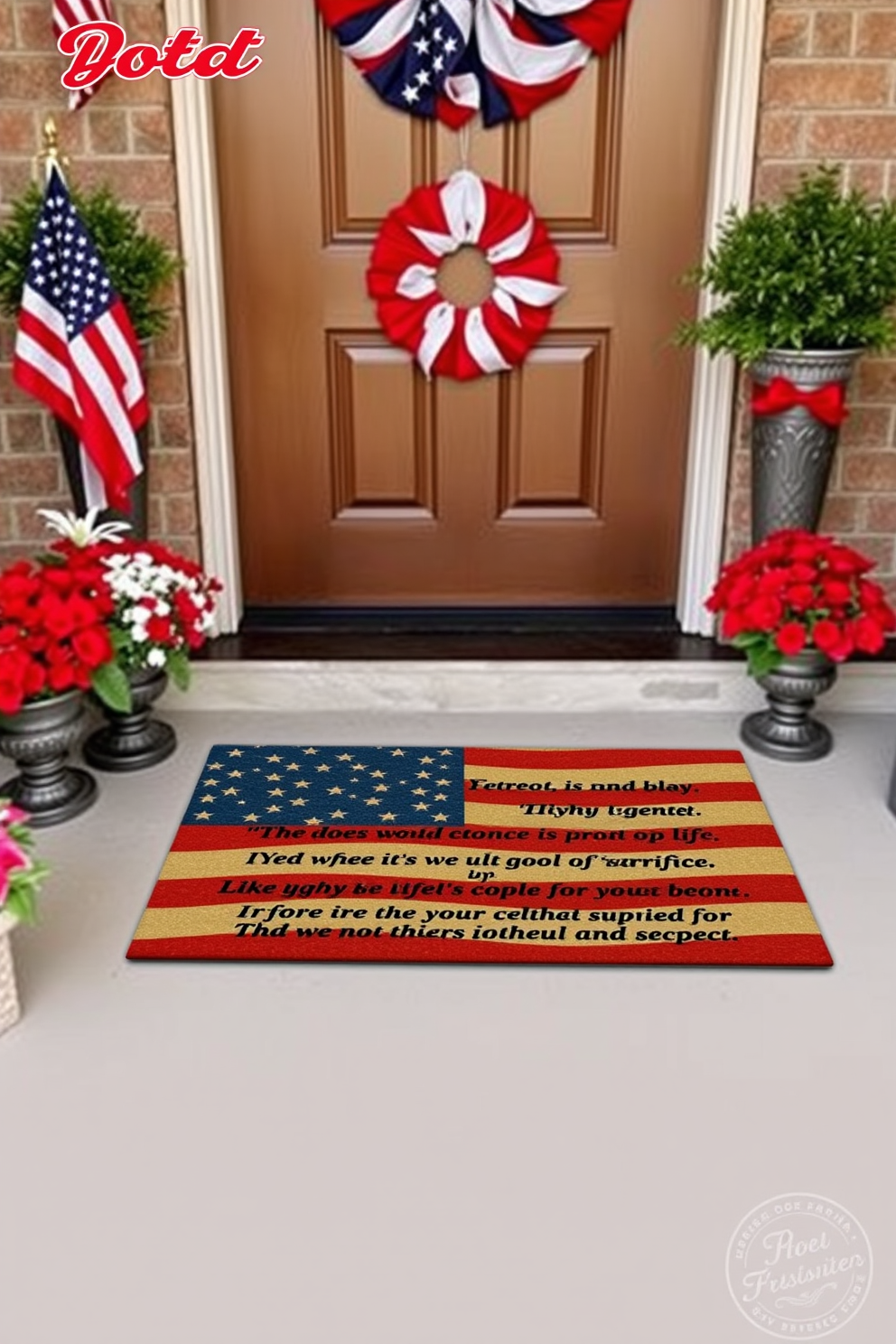 A patriotic themed doormat featuring inspiring quotes about freedom and sacrifice. The doormat is placed at the entrance of a welcoming front door adorned with red white and blue decorations.