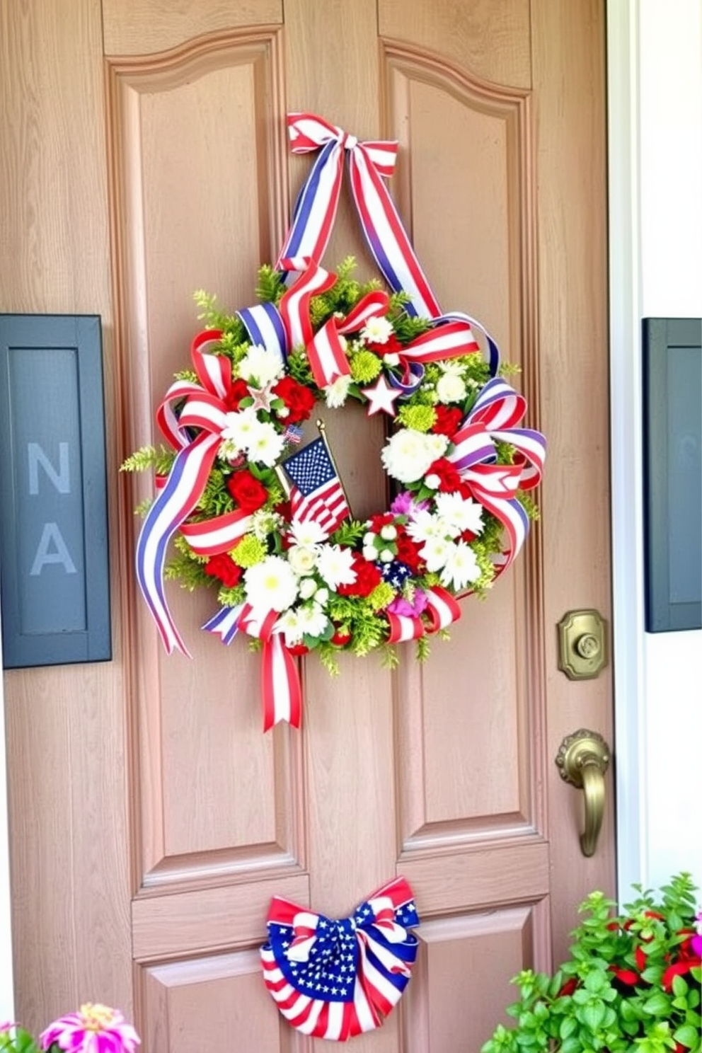 A Memorial Day themed wreath adorned with red white and blue ribbons hangs gracefully on a rustic wooden door. The wreath is filled with seasonal flowers and patriotic symbols creating a warm and inviting entrance. For front door decorating ideas celebrate Memorial Day with a vibrant display of flags and floral arrangements. Incorporate elements like lanterns and bunting to enhance the festive atmosphere and pay tribute to the holiday.