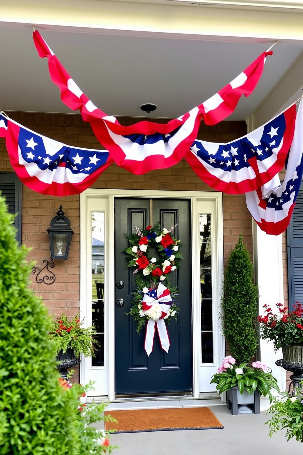 Decorative flag banners hang gracefully across the porch, creating a festive atmosphere for Memorial Day celebrations. The vibrant colors of red, white, and blue complement the welcoming front door, adorned with a seasonal wreath.