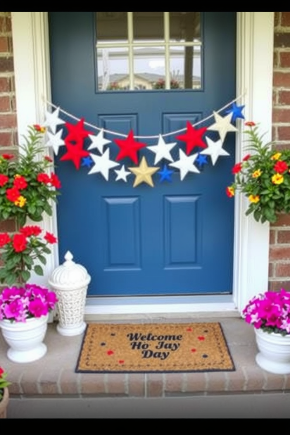 A welcoming front door adorned with a vibrant American flag banner that gracefully drapes down. Surrounding the door, potted red, white, and blue flowers enhance the patriotic theme for Memorial Day.