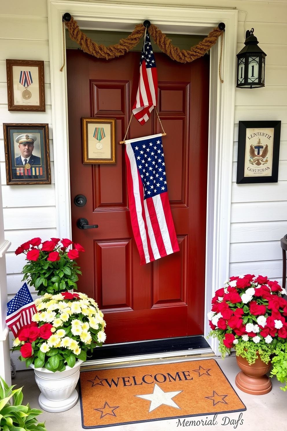 A charming front door adorned with hanging vintage military memorabilia creates a warm and inviting atmosphere for Memorial Day. The display includes framed medals, dog tags, and a small flag, all tastefully arranged to honor service members and add character to the entrance. Surrounding the door, seasonal flowers in red, white, and blue planters complement the patriotic theme. A welcome mat featuring a subtle star pattern completes the look, making guests feel appreciated and celebrated as they arrive.