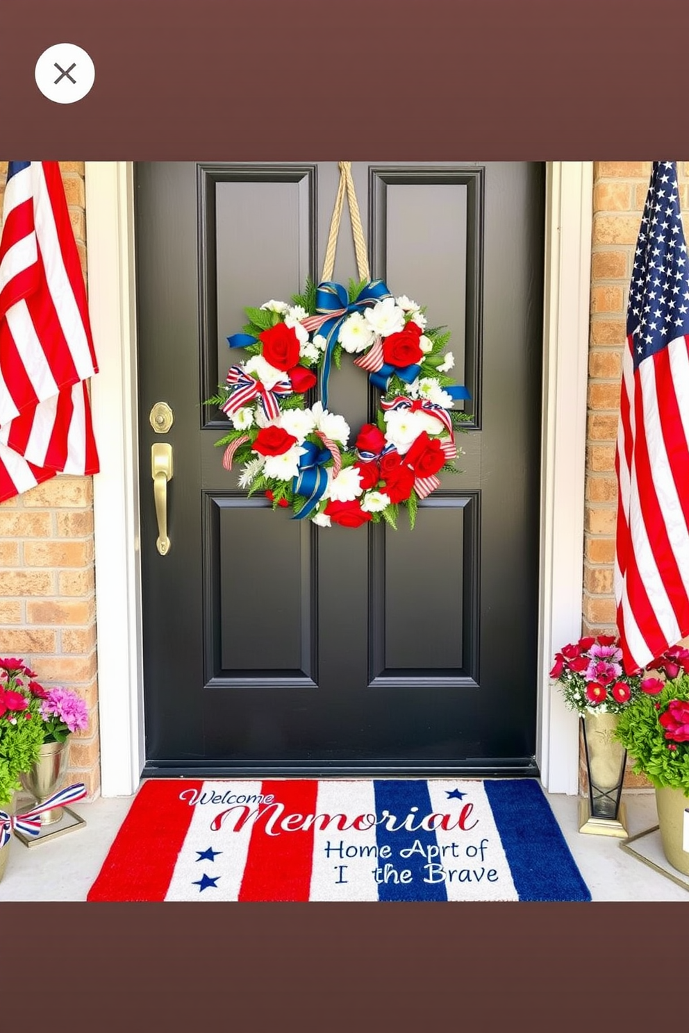 A Memorial Day themed welcome mat features a vibrant red white and blue color scheme with stars and stripes. The mat is adorned with patriotic phrases such as Welcome and Home of the Brave in bold lettering. For Memorial Day front door decorating ideas hang a festive wreath made of red white and blue flowers and ribbons. Add decorative flags on either side of the door to create a warm and inviting entrance.