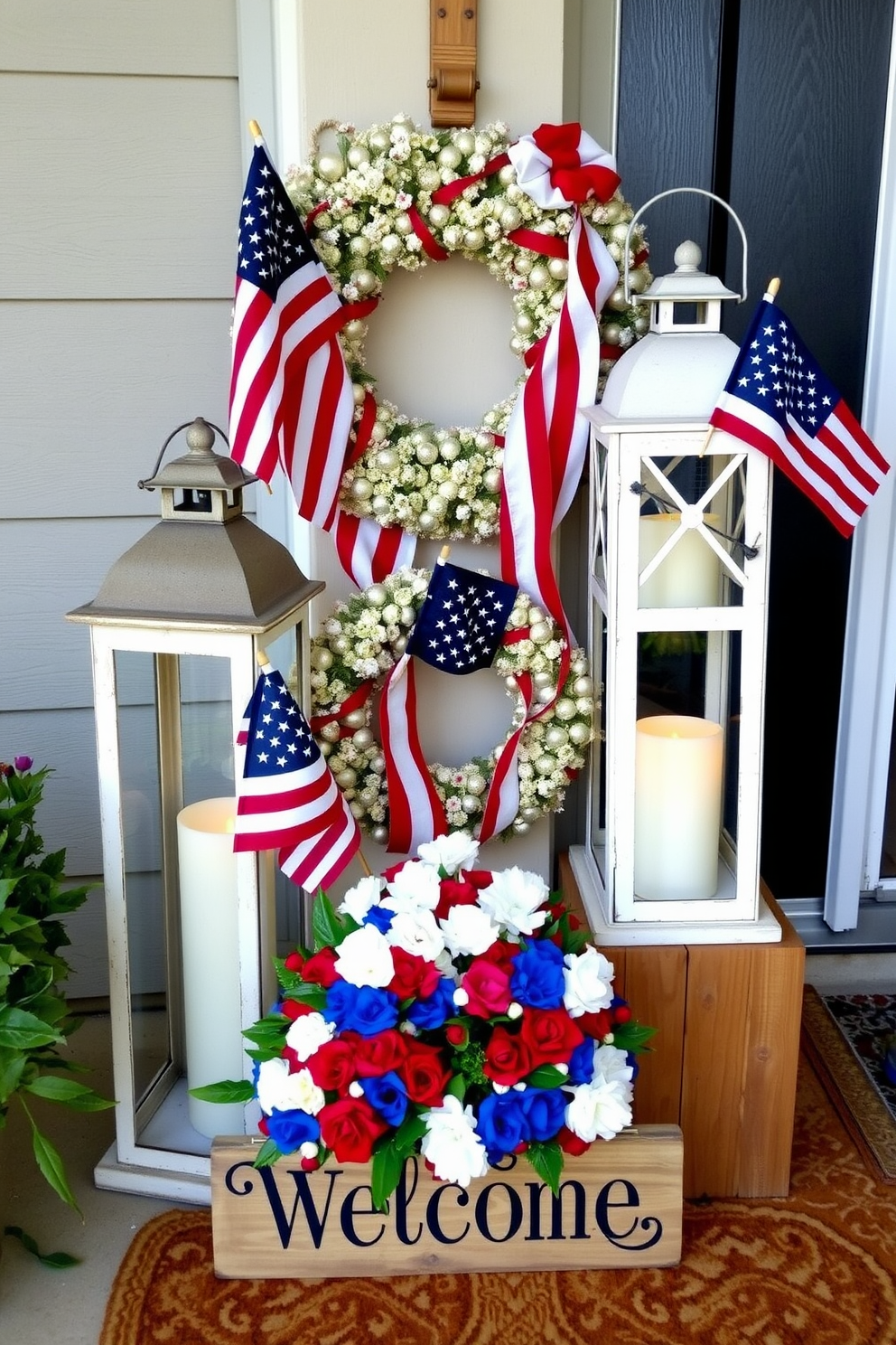 A charming DIY burlap wreath adorned with flag accents welcomes guests to your home. The wreath features layers of textured burlap intertwined with vibrant red, white, and blue fabric flags, creating a festive atmosphere for Memorial Day.