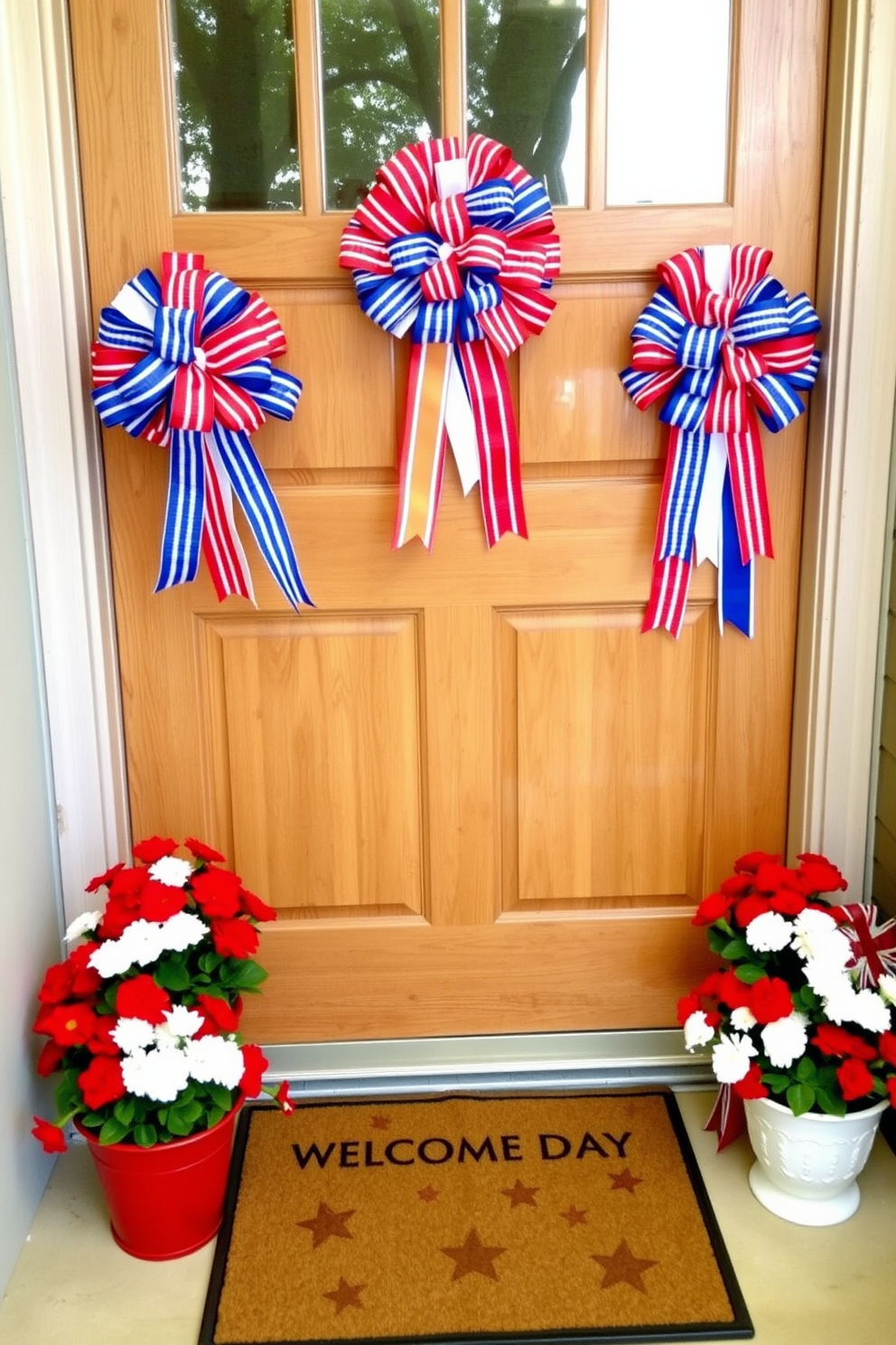 A festive front door adorned with red white and blue ribbon bows creates a warm and inviting atmosphere for Memorial Day. The vibrant colors of the bows contrast beautifully against the natural wood of the door, enhancing the patriotic theme. Flanking the door, potted flowers in shades of red and white add a cheerful touch to the entryway. A welcome mat featuring stars and stripes completes the look, making the entrance both stylish and celebratory.