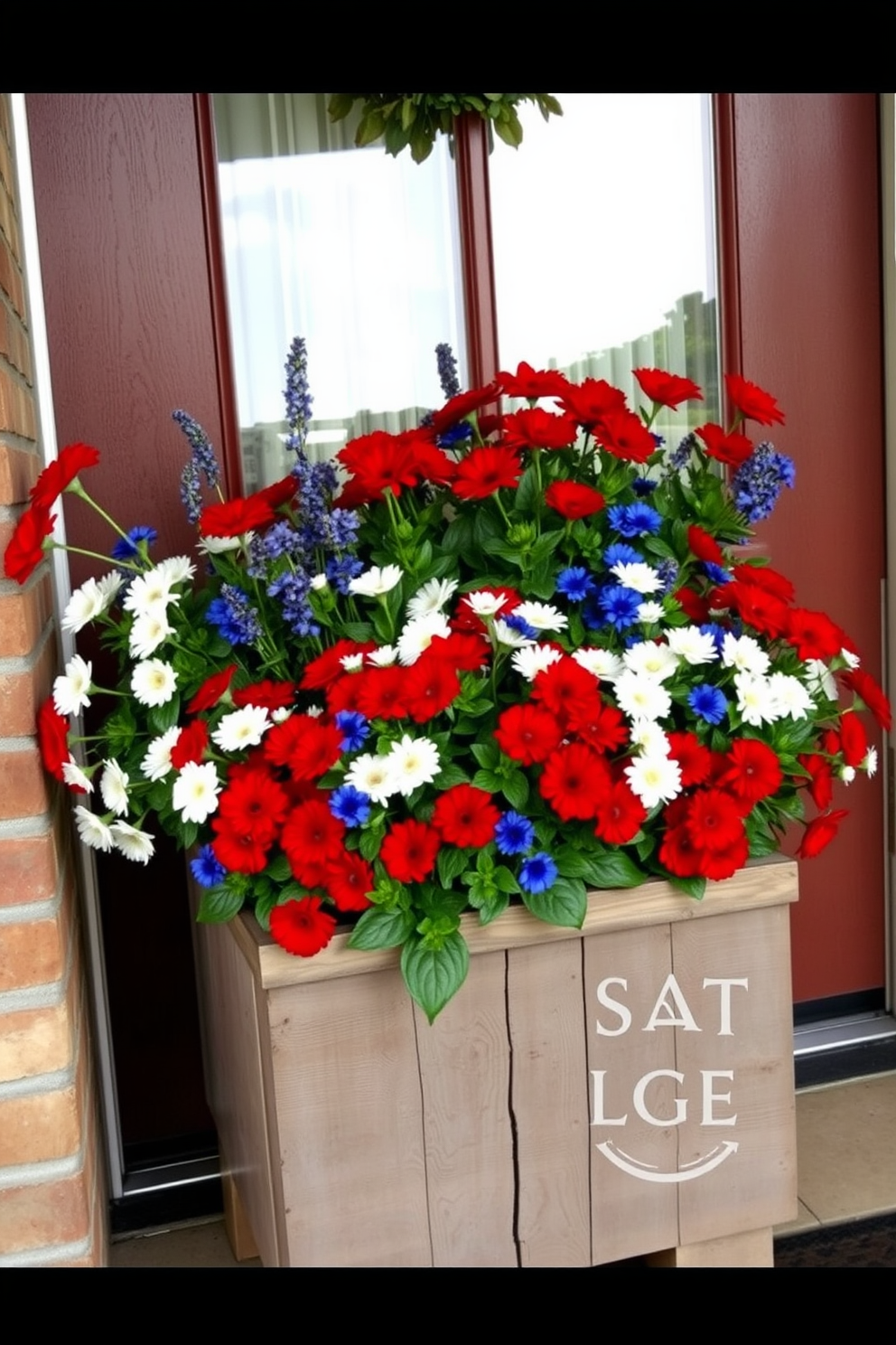 A vibrant arrangement of potted red white and blue flowers is placed at the entrance of the home. The flowers are artfully arranged in a rustic wooden planter that complements the front door's color.