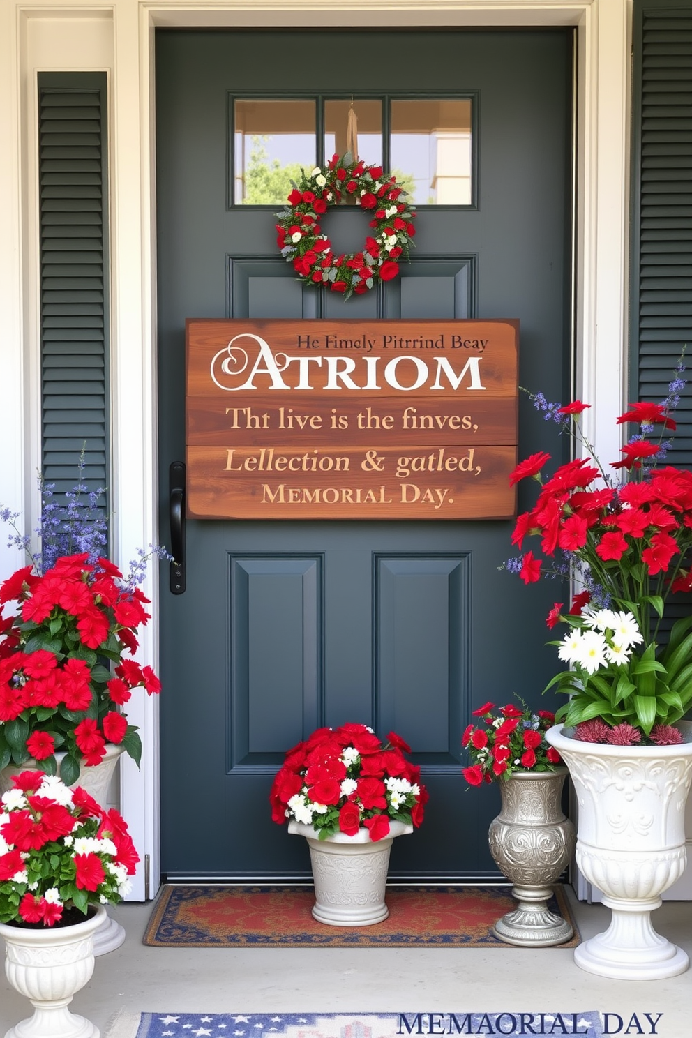 A charming front door setup featuring vintage lanterns adorned with red white and blue candles. The entrance is enhanced with seasonal decorations that evoke a festive Memorial Day spirit.