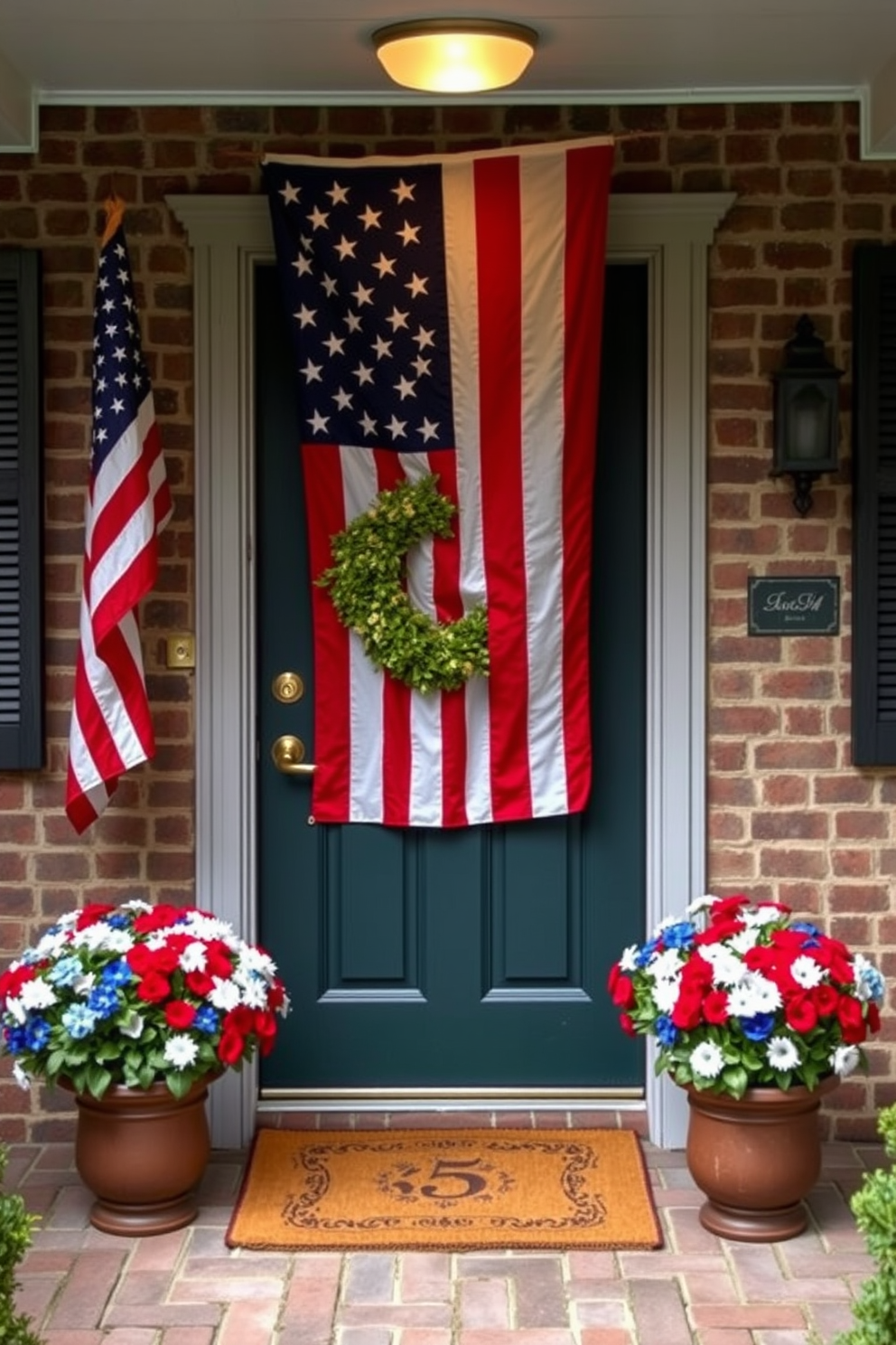 A charming front door adorned with a large stars and stripes flag, symbolizing patriotism and celebration. Flanking the door are potted red, white, and blue flowers, creating a festive and inviting atmosphere for Memorial Day.