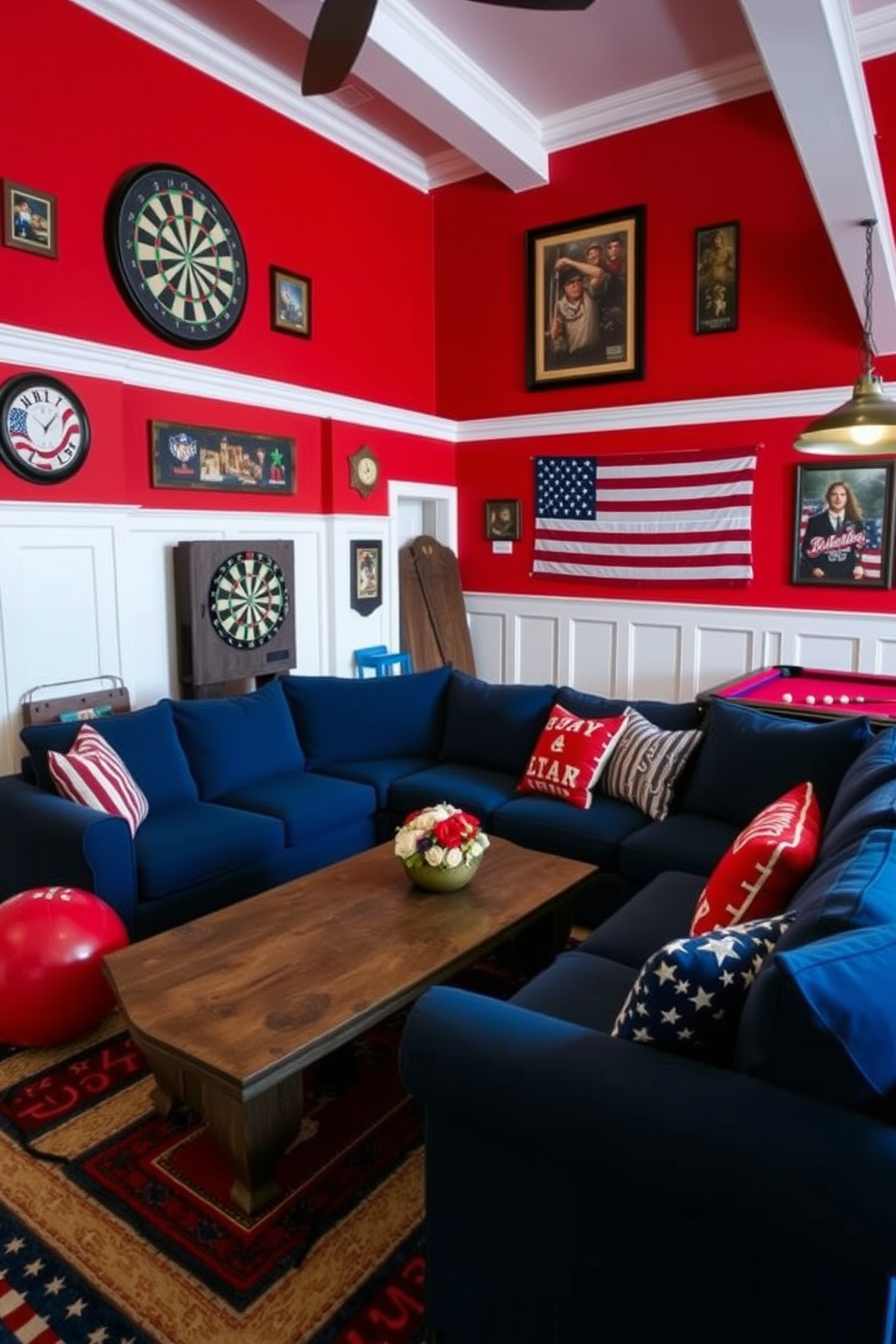 A vibrant game room with a patriotic red white and blue color scheme. The walls are painted in a bold red, accented by white trim and blue furnishings, creating a festive atmosphere for Memorial Day gatherings. A large sectional sofa in navy blue is positioned around a rustic wooden coffee table, adorned with red and white decorative pillows. The game room features a dartboard and a pool table, both surrounded by framed American flags and memorabilia celebrating national pride.