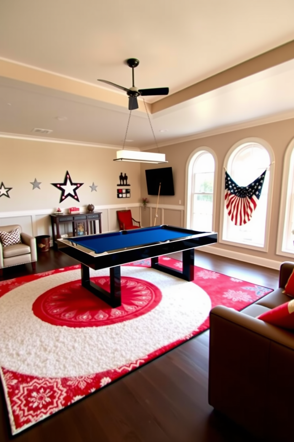 A vibrant game room featuring a large area rug in red, white, and blue colors that adds a festive touch to the space. The rug is centrally placed under a sleek pool table, surrounded by comfortable seating and patriotic-themed decor.