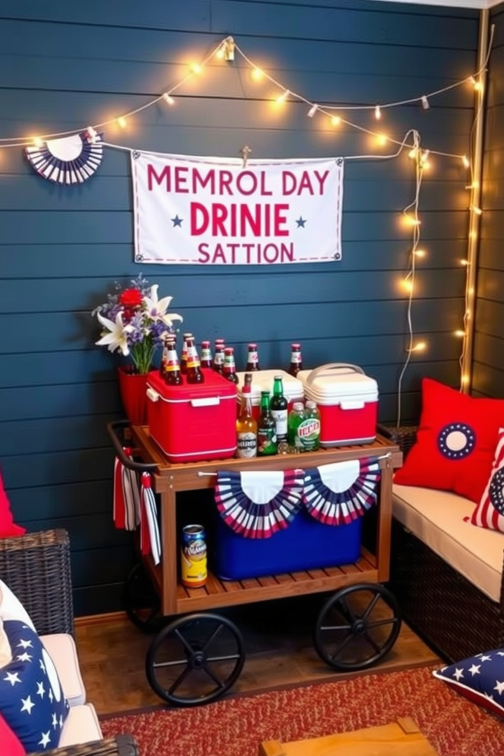 A themed drink station designed for a Memorial Day celebration. It features a stylish wooden bar cart adorned with red white and blue decorations and filled with an assortment of beverages in colorful coolers. The backdrop showcases a festive banner and string lights to create a lively atmosphere. Comfortable seating with patriotic cushions surrounds the area inviting guests to relax and enjoy the festivities.