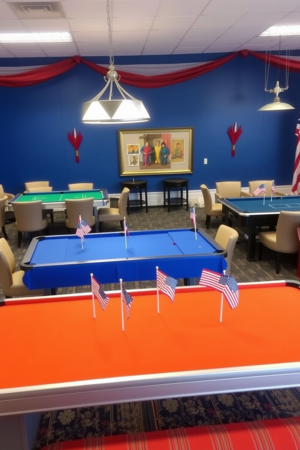 A vibrant game room designed for Memorial Day festivities. The space features multiple game tables adorned with miniature flags, creating a festive and patriotic atmosphere. Comfortable seating options surround the tables, inviting guests to relax and enjoy the games. The walls are decorated with red, white, and blue accents, enhancing the celebratory theme of the room.