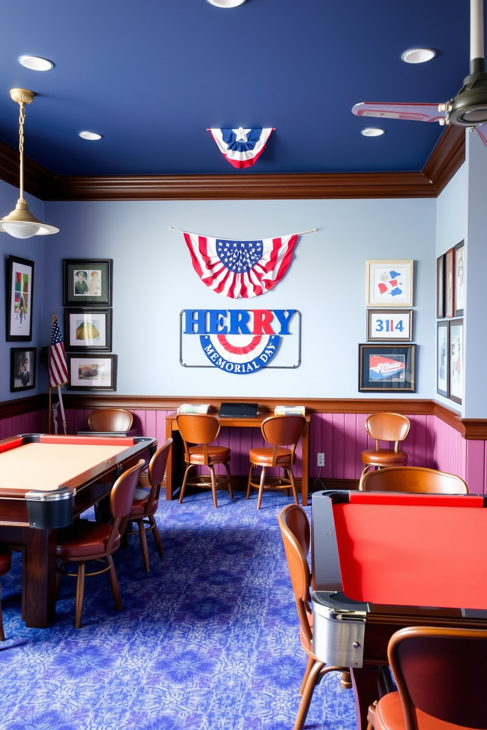 A game room featuring a wall-mounted dartboard designed with a patriotic flag motif. The space includes comfortable seating, a rustic wooden bar, and decor that celebrates Memorial Day, creating a festive and inviting atmosphere.