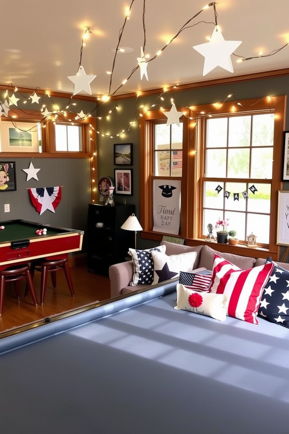 Custom painted game pieces in red white and blue are arranged on a rustic wooden table. The walls are adorned with patriotic art and bunting, creating a festive atmosphere for Memorial Day celebrations.