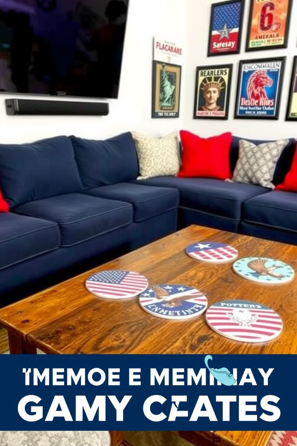 A vibrant game room decorated for Memorial Day features red white and blue accents throughout the space. A large American flag is displayed on one wall while festive bunting hangs from the ceiling creating a celebratory atmosphere. The room includes a pool table with custom patriotic felt and comfortable seating in coordinating colors. Outdoor games like cornhole and giant Jenga are set up in the corner inviting guests to enjoy friendly competition.