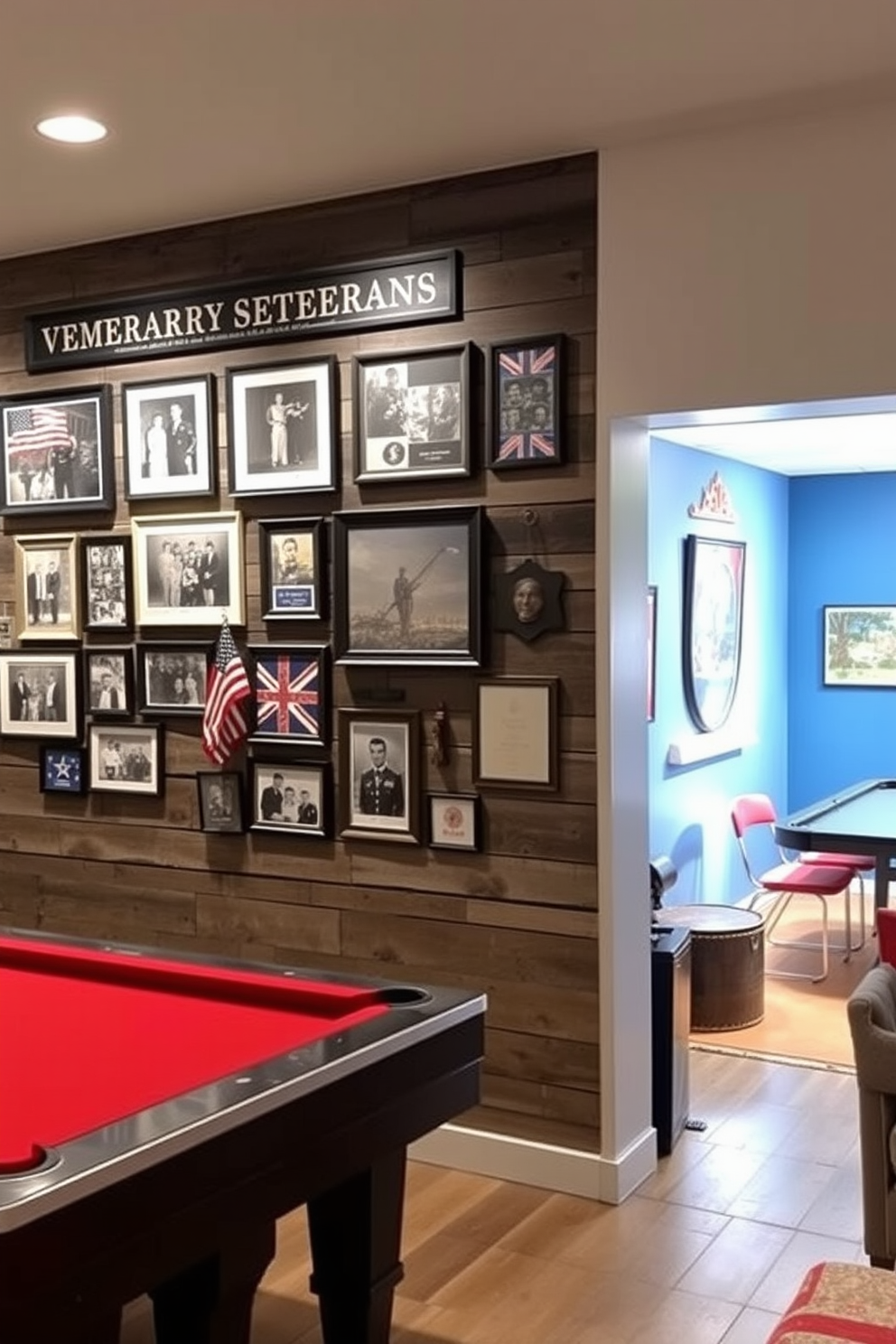 A cozy game room designed for tabletop games features a large wooden table surrounded by comfortable chairs. The walls are adorned with framed American trivia posters and memorabilia celebrating Memorial Day. A colorful rug anchors the space, while shelves filled with board games and books line one side of the room. Soft lighting creates a warm atmosphere, perfect for gathering with friends and family.