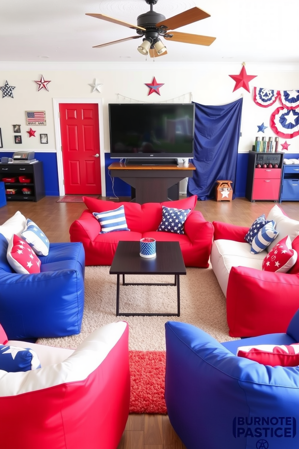 A vibrant game room featuring red white and blue bean bags arranged around a central coffee table. The walls are adorned with patriotic decorations and the floor is covered with a soft area rug in complementary colors.