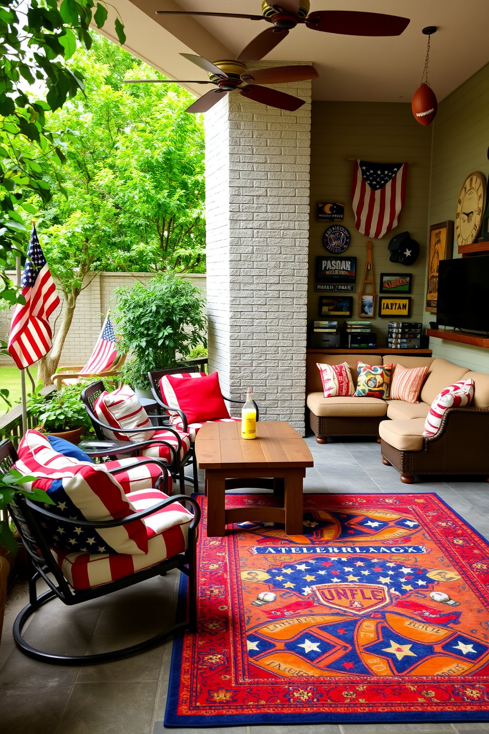 A festive drink station setup for Memorial Day featuring a vibrant red white and blue color scheme. The table is adorned with themed decorations including star-spangled tableware and refreshing beverages in clear pitchers. In the game room, a cozy seating area is arranged with red and blue cushions on a neutral sofa. A large American flag hangs on the wall, and a festive banner adds to the celebratory atmosphere.