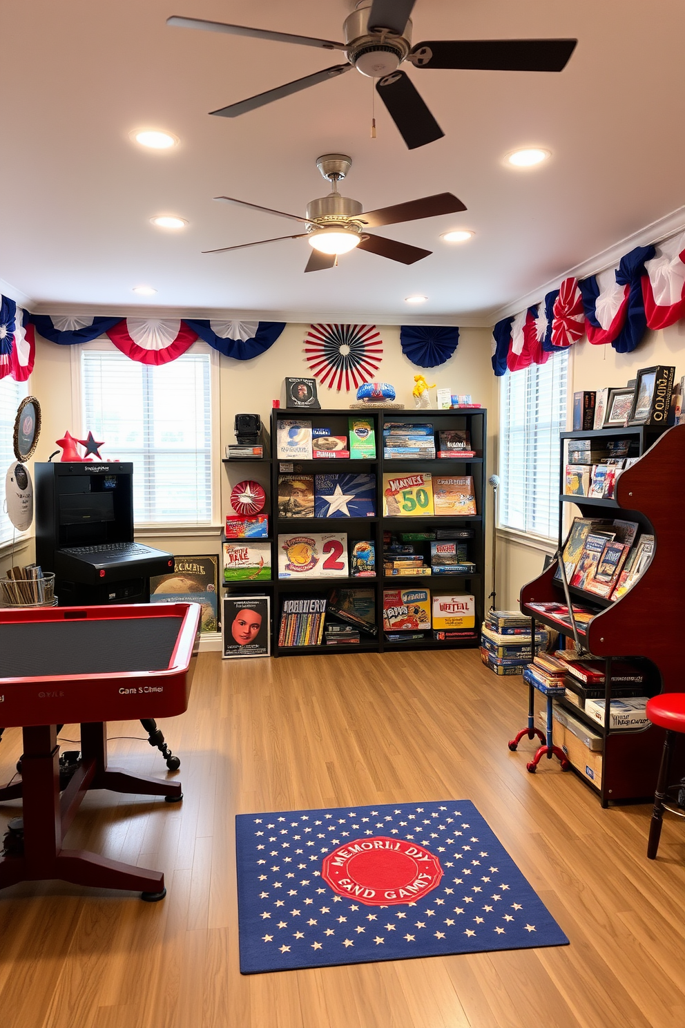 A vibrant game room designed for Memorial Day celebrations. The walls are adorned with red white and blue decorations and a large display shelf showcases an array of themed board games.