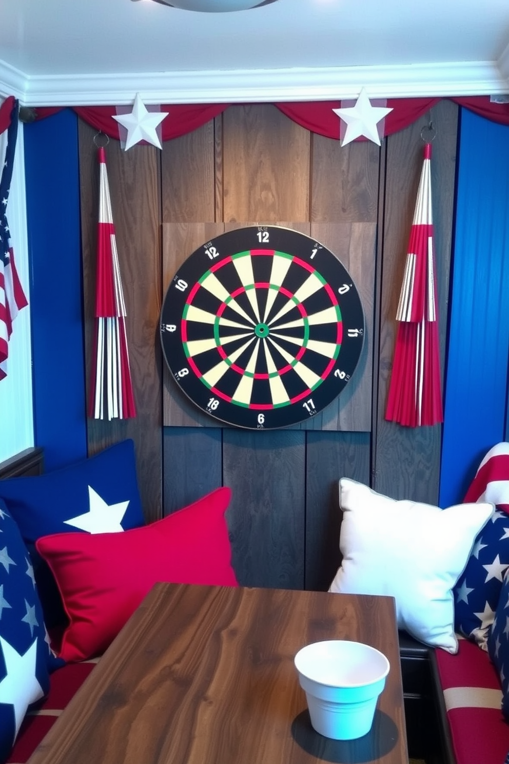 A patriotic themed game room features a dartboard adorned with the American flag, set against a backdrop of red, white, and blue decor. The room includes comfortable seating with star-patterned cushions and a rustic wooden table for refreshments.