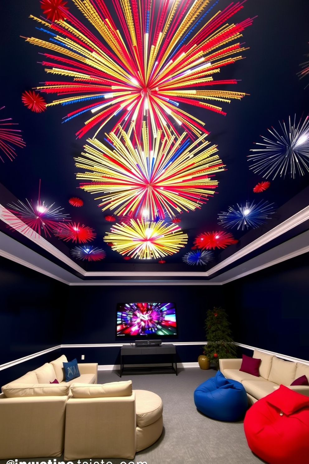 A game room featuring a ceiling adorned with vibrant fireworks-inspired decorations. The ceiling bursts with colors of red, blue, and gold, creating a festive atmosphere that enhances the excitement of game nights. The walls are painted a deep navy blue, providing a striking contrast to the ceiling. Comfortable seating arrangements with plush sofas and bean bags invite friends and family to enjoy their favorite games together.