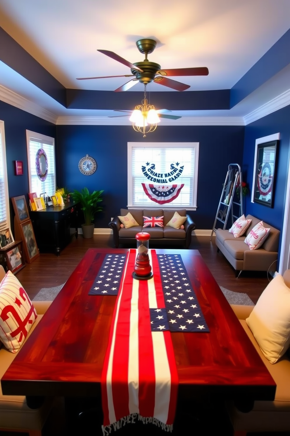 A vibrant game room featuring a large rectangular table adorned with an American flag table runner. The walls are painted in a deep navy blue, and the space is filled with comfortable seating and fun decor celebrating Memorial Day.