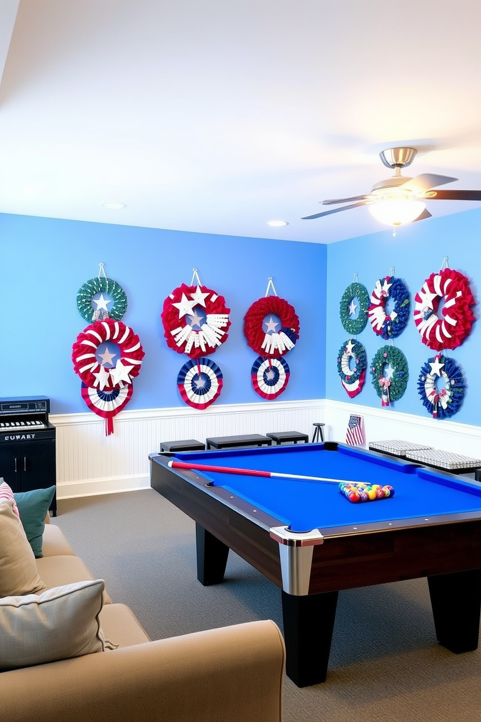 Create a vibrant game room that features a large sign displaying game room rules in bold letters using flag colors. The walls are adorned with patriotic decorations celebrating Memorial Day, and there are comfortable seating options arranged for an inviting atmosphere.