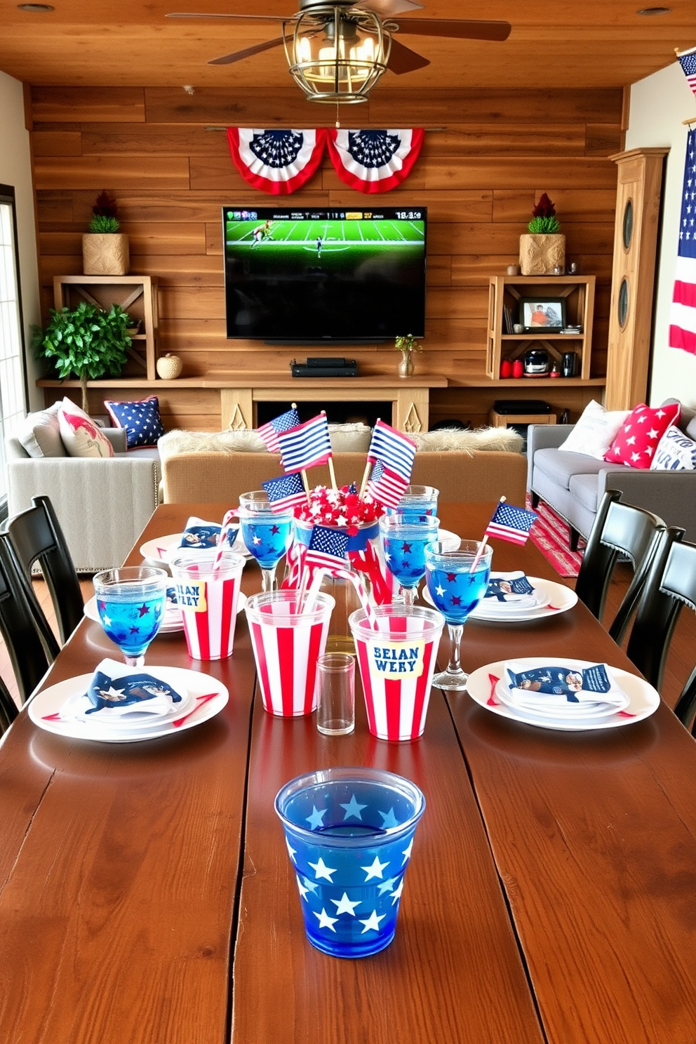 A vibrant game room filled with festive spirit. Decorative jars filled with red white and blue candies are arranged on a rustic wooden shelf. The walls are adorned with patriotic artwork and string lights create a warm ambiance. A plush sectional sofa in navy blue invites guests to relax while enjoying the holiday festivities.