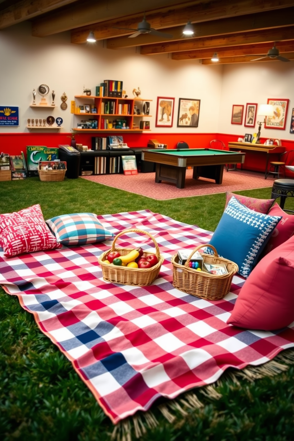 An inviting outdoor picnic setup features a large checkered blanket spread across a grassy area. Surrounding the blanket are colorful cushions and a wicker basket filled with fresh fruits and snacks. The game room is designed with a vibrant color scheme that includes a pool table and comfortable seating. Wall-mounted shelves display board games and trophies, while soft lighting creates a cozy atmosphere.