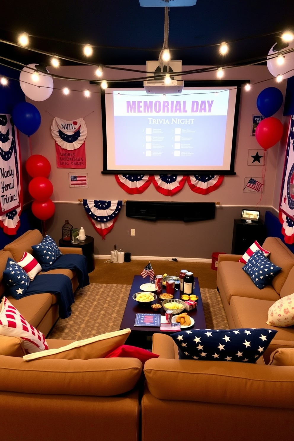 A vibrant game room designed for a Memorial Day trivia night. The walls are adorned with red, white, and blue decorations, including banners and balloons celebrating the holiday. A large sectional sofa is positioned around a coffee table, which is covered with patriotic-themed snacks and drinks. A projector screen displays trivia questions, while string lights create a festive atmosphere overhead.