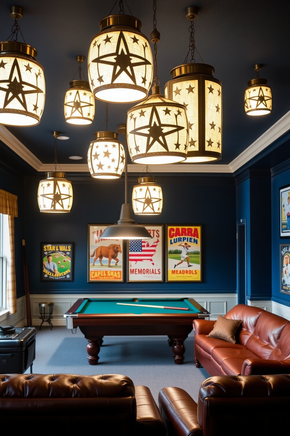 Decorative lanterns with intricate star patterns are suspended from the ceiling, casting a warm and inviting glow throughout the game room. The walls are painted in a deep navy blue, creating a cozy atmosphere perfect for gatherings. A large pool table takes center stage, surrounded by comfortable seating in rich leather. Vintage posters of classic games and sports line the walls, enhancing the festive Memorial Day theme.