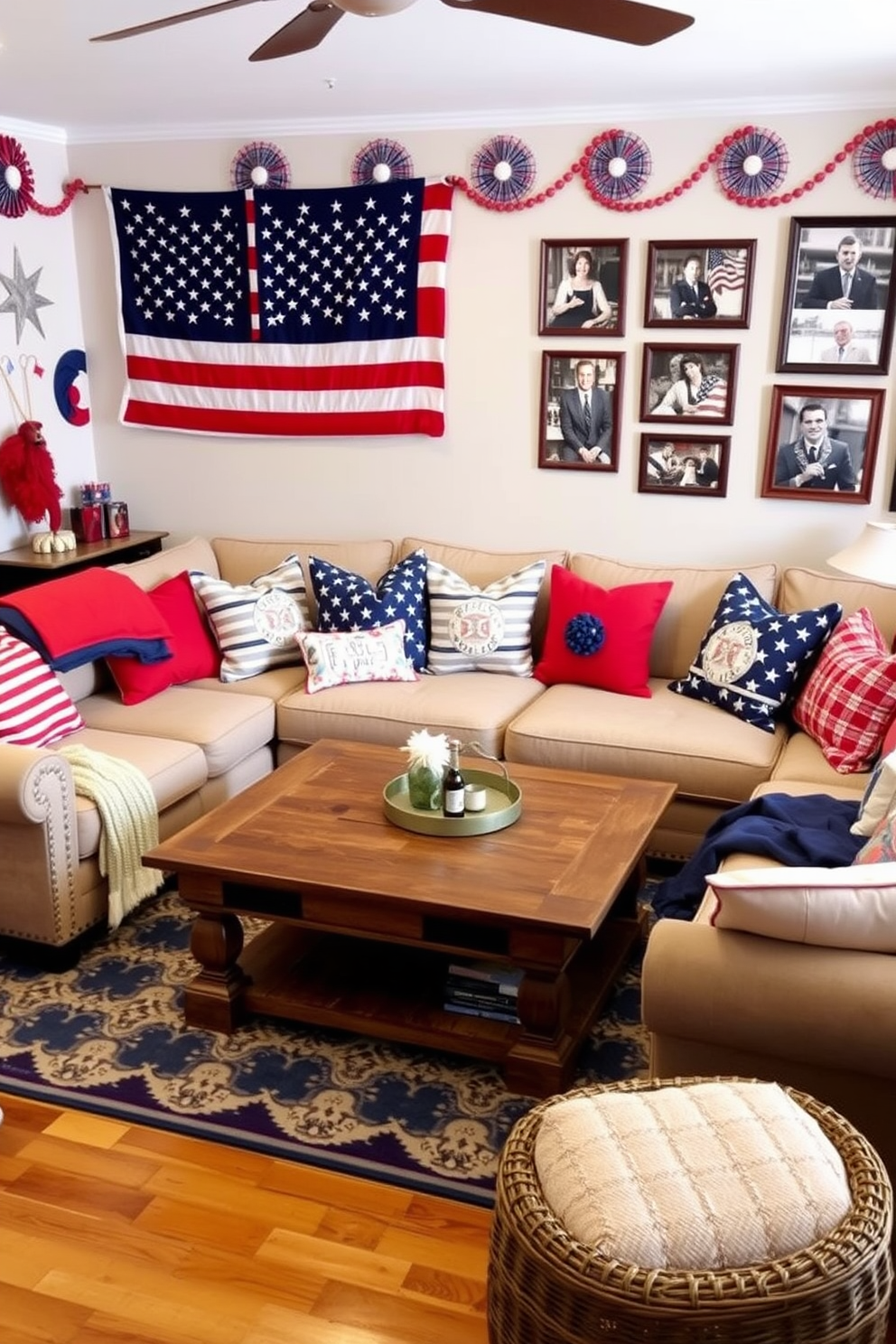 Create a vibrant game room setting inspired by a patriotic theme. The walls are adorned with red white and blue decorations while a large sectional sofa offers comfortable seating for guests. A rustic wooden coffee table sits at the center surrounded by themed cushions and throw blankets. An American flag hangs prominently on one wall alongside framed photos of past Memorial Day celebrations.