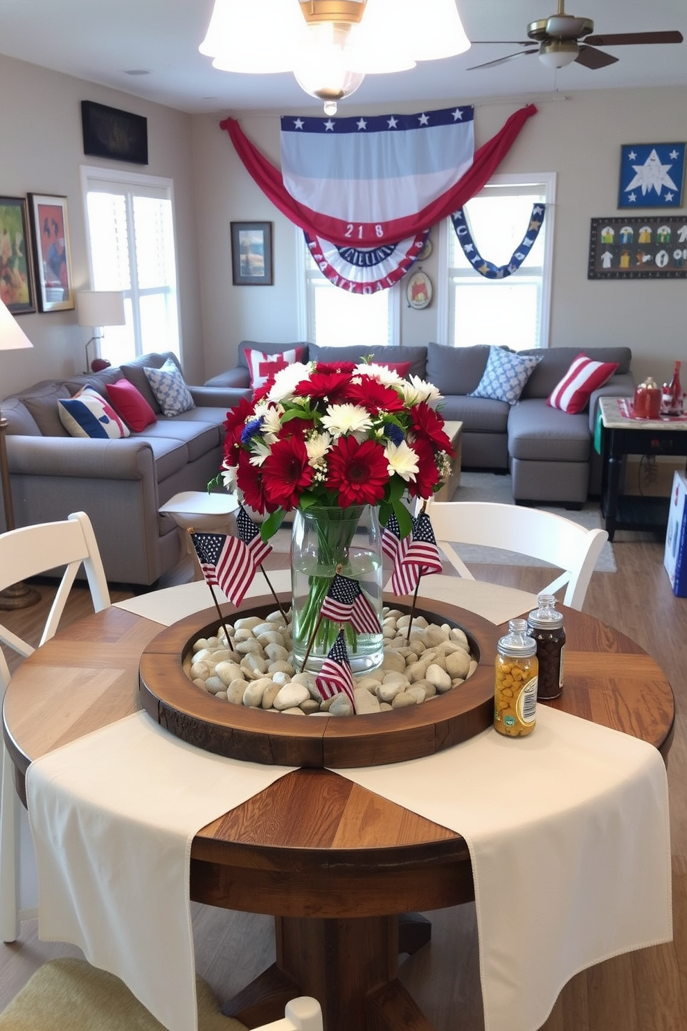 A vibrant game room featuring the Star Spangled Banner prominently displayed on one wall. The space is filled with comfortable seating options, including a sectional sofa and bean bags, creating an inviting atmosphere for gatherings. The color scheme incorporates red, white, and blue accents throughout the room. A vintage arcade game and a pool table add to the fun, while patriotic-themed decor enhances the Memorial Day spirit.