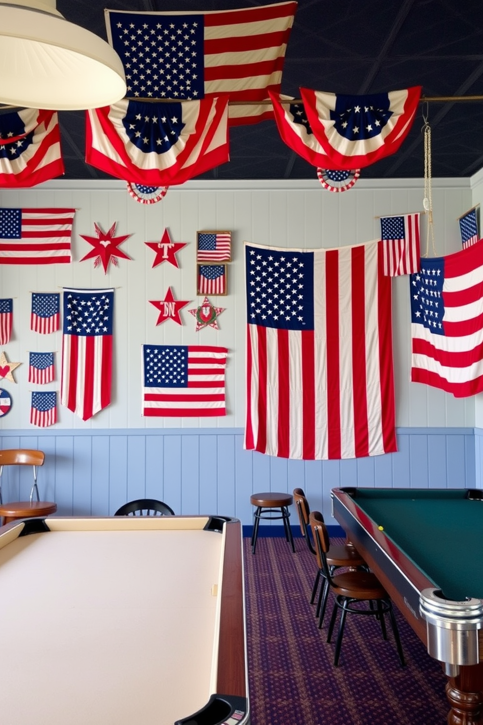 A vibrant game room adorned with festive tablecloths draping over the game tables. The tablecloths feature red, white, and blue patterns, celebrating the spirit of Memorial Day with playful designs and accents. Colorful banners and patriotic decorations hang on the walls, enhancing the festive atmosphere. Comfortable seating arrangements encourage guests to relax and enjoy the games while embracing the holiday theme.