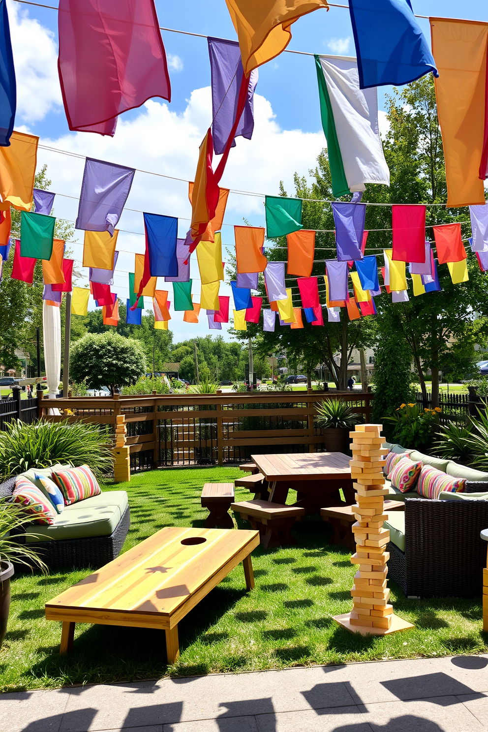 A vibrant outdoor games corner filled with colorful flags waving in the breeze. The space features a large picnic table surrounded by comfortable seating and a variety of outdoor games like cornhole and giant Jenga.