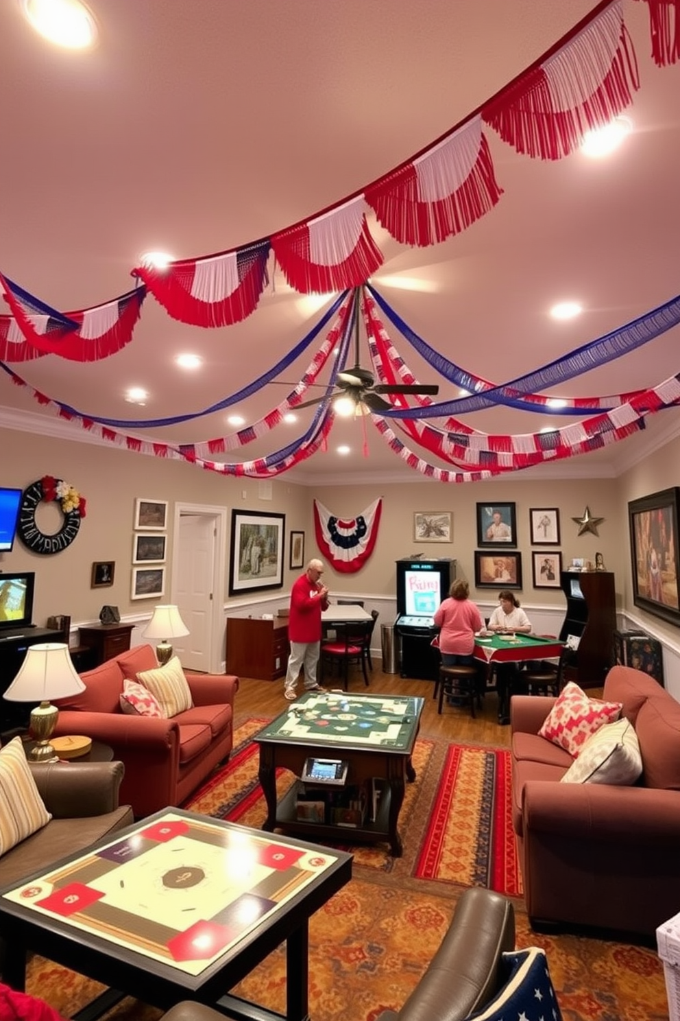 A DIY patriotic photo booth area featuring a backdrop of red white and blue balloons arranged in an arch. A table adorned with themed props such as hats and flags is set in front of the backdrop for guests to use. The game room is decorated with playful elements that incorporate patriotic colors and motifs. A large banner reading 