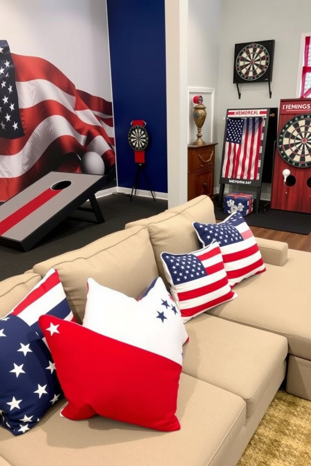 Memorial Day themed throw pillows feature red white and blue colors with stars and stripes patterns. These pillows are arranged on a comfortable sectional sofa to create a festive and inviting atmosphere. The game room is decorated with patriotic elements including a large American flag mural on one wall. Fun and engaging games like cornhole and a dartboard with red white and blue accents enhance the celebratory spirit.