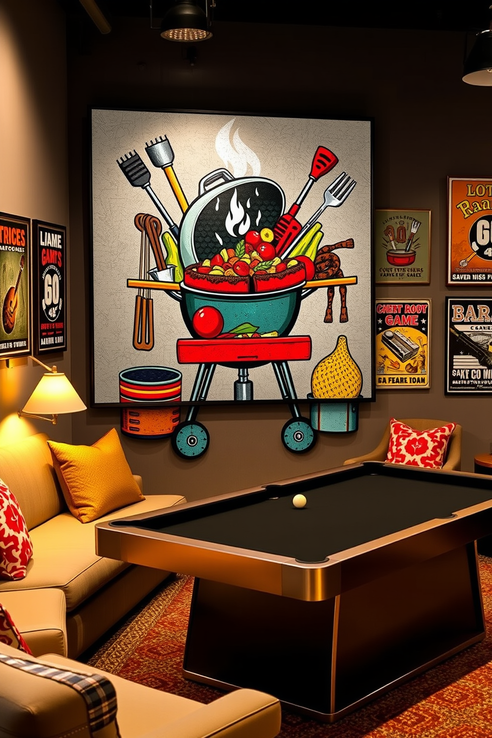 A vibrant barbecue grill art piece featuring a colorful assortment of grilling tools and fresh ingredients. The design incorporates elements of summer and outdoor gatherings, creating a festive atmosphere perfect for Memorial Day celebrations. A cozy game room setup that combines comfort and entertainment. Plush seating surrounds a sleek pool table, while walls are adorned with vintage game posters and ambient lighting enhances the playful vibe.